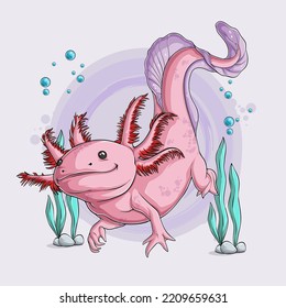 Hand drawn cute Axolotl Ambystoma mexicanum swimming isolated on white background