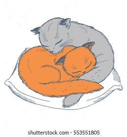 Hand drawn Cute Baby Animals. Cute slipping cat