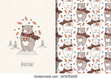 Hand drawn cute baby bear character in scarf and with marshmallow in cup, staying among flying leaves. Kids Autumn animal card print template and seamless background pattern set. Hand drawn design.