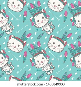hand drawn cute baby cat  seamless pattern - vector