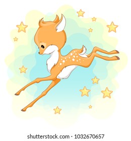 Hand drawn Cute baby deer with stars.Vector cartoon  illustration. It can be used for baby t-shirt design, fashion print, greeting card, poster, design element for children's clothes