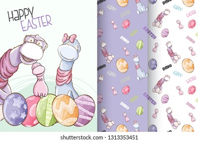 Hand drawn cute baby dinosaurs with pattern vector set-vector. - Vector