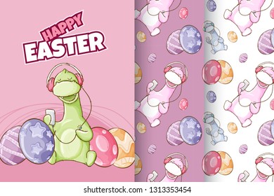 Hand drawn cute baby dinosaurs with pattern vector set-vector. - Vector