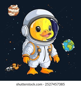 Hand drawn cute baby duck wearing astronaut spacesuit. cosmonaut duck over rocket, earth and planet