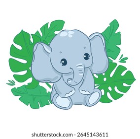 Hand Drawn Cute Baby Elephant with Tropical Leaves Vector Illustration on White Background 