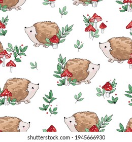 Hand drawn Cute baby hedgehog and mushrooms Forest background pattern seamless. Woodland Print Design for children's textiles. Vector.