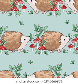 Hand drawn Cute baby hedgehog and mushrooms Forest background pattern seamless. Woodland Print Design for children's textiles. Vector.