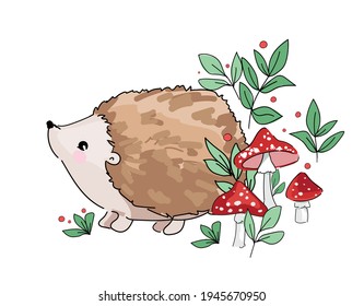 Hand drawn Cute baby hedgehog and mushrooms. Woodland Design Print for T-shirt. Vector.