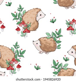 Hand drawn Cute baby hedgehog and mushrooms Forest background pattern seamless. Woodland Print Design for children's textiles. Vector.