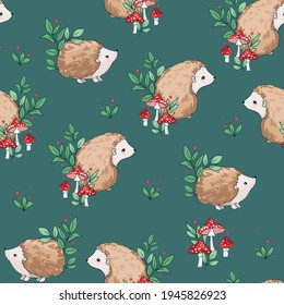 Hand drawn Cute baby hedgehog and mushrooms Forest background pattern seamless. Woodland Print Design for children's textiles. Vector.