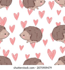 Hand drawn Cute baby hedgehog and pink heart background pattern seamless. Woodland Print Design for children's textiles. Vector.