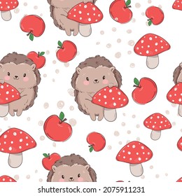 Hand drawn Cute baby hedgehog and mushrooms Forest background pattern seamless. Woodland Print Design for children's textiles. Vector.