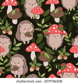 Hand drawn Cute baby hedgehog and mushrooms Forest background pattern seamless. Woodland Print Vector.