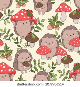 Handgezeichnete Kinderhedgehog und Pilze Forest Hintergrund Muster nahtlos. Woodland Print Vektor.