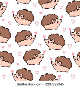 Hand drawn Cute baby hedgehog and pink heart background pattern seamless. Woodland Print Design for children's textiles. Vector.