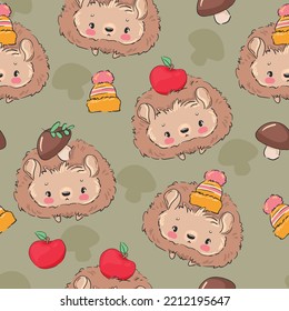 Hand drawn Cute baby hedgehog and mushrooms and apple Forest background pattern seamless. Woodland Print Vector