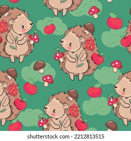 Hand drawn Cute baby hedgehog and mushrooms and apple Forest background pattern seamless. Woodland Kids Print Vector