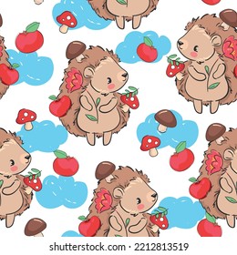 Hand drawn Cute baby hedgehog and mushrooms and apple Forest background pattern seamless. Woodland Kids Print Vector