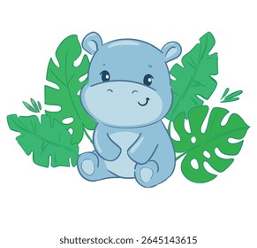 Hand Drawn Cute Baby Hippo with Green Leaves Jungle Animal Vector on White Background