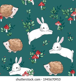 Hand drawn Cute baby rabbit and  hedgehog pattern seamless. Woodland Print Design for children's textiles. Vector.