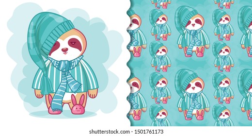 hand drawn cute baby sloth with pattern set
