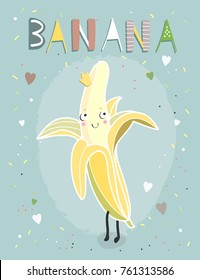 Hand drawn cute banana. Cartoon style vector illustration