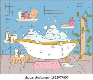 Hand drawn cute bathroom with a bathtub full of foam. Personal hygiene, home interior concept. Candles, bottles, sponge, shower gels, soap, houseplants. vector illustration 