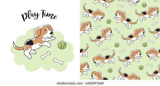 Hand drawn cute beagle dog seamless pattern