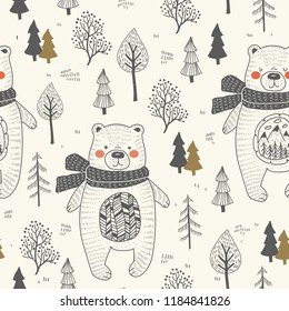 Hand drawn cute bear animal character forest seamless background pattern. Doodle cartoon surface design vector illustration