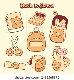 Hand drawn cute bear back to school elements collection