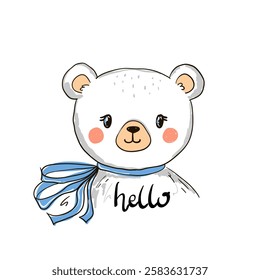 Hand drawn cute bear with a bow. Vector illustration in cartoon style