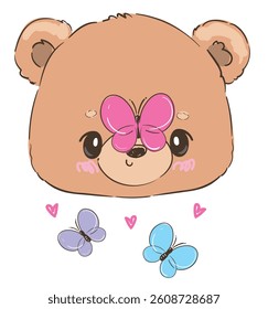 Hand Drawn Cute Bear with Butterfly Sweet Animal Vector Illustration