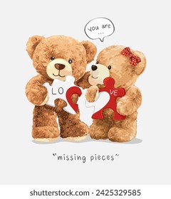 hand drawn of cute bear doll couple holding puzzle vector illustration 