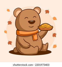 Hand drawn cute bear eating pie at thanksgiving day