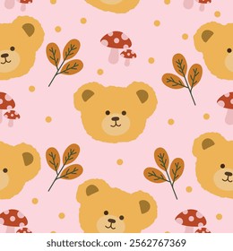 Hand drawn cute bear face in kawaii style seamless pattern. Ideal print for fabrics, textiles, backdrop, wrapping paper, children product, etc
