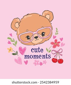 Hand Drawn Cute Bear with Flowers Vector Nursery Illustration