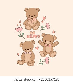 Hand Drawn Cute Bear with Flowers Trendy Kids Print Design Vector illustration 