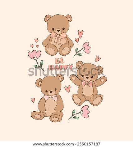 Hand Drawn Cute Bear with Flowers Trendy Kids Print Design Vector illustration 