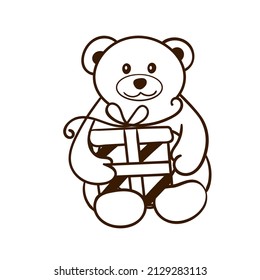 Handgezeichneter süßer Bär mit Geschenk. Geburtstagskino-Clipart im Doodle-Stil.  Vektorgrafik einzeln auf weißem Hintergrund.