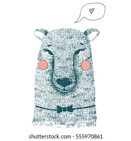 Hand drawn cute bear hand illustration. Ink sketch with wild animal - bear with bow tie, cheeks and speech bubble with heart