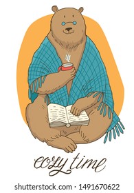 Hand drawn cute bear with hand lettering - Cozy time