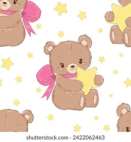 Hand Drawn Cute Bear and moon Vector Illustration, Woodland animal, Print for childrens