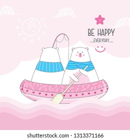 Hand drawn cute bear on boat- Vector