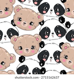Dibujado a mano Lindo oso y panda se enfrenta a la Ilustración vectorial de patrón sin fisuras