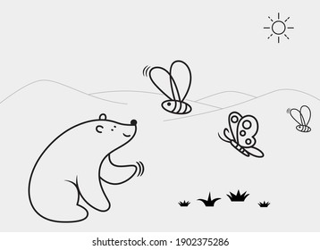 Sorteo manual del oso Cute jugando con abeja y mariposa