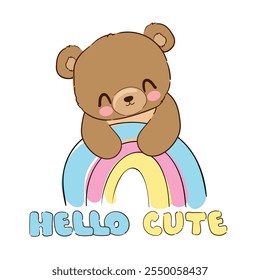 Hand drawn Cute Bear with Rainbow Kids Trendy Print Vector
