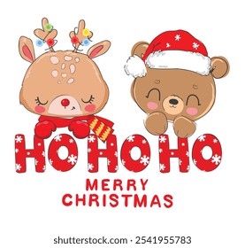 Hand Drawn Cute Bear and Reindeer Ho Ho Ho Christmas Card vector illustration