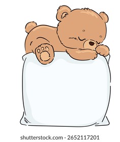 Hand Drawn Cute bear sitting on pillow. Vector bedtime illustration for kids and nursery