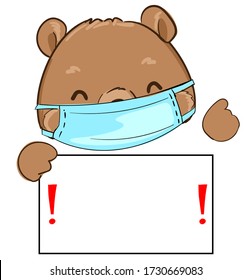 Hand drawn cute bear wearing a mask. Stop coronavirus. (COVID-19) Pandemic medical illustration. Nameplate, banner attention!