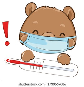 Oso lindo dibujado por la mano usando una máscara con un termómetro. Detén el coronavirus. (COVID-19) Ilustración médica pandémica. Nameplate, ¡atención de pancartas!